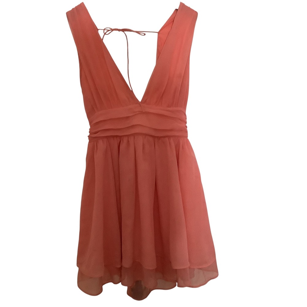 Abercrombie & Fitch Coral Pink Chiffon Deep V-Neck Mini Dress Size ST Tall - Picture 2 of 6